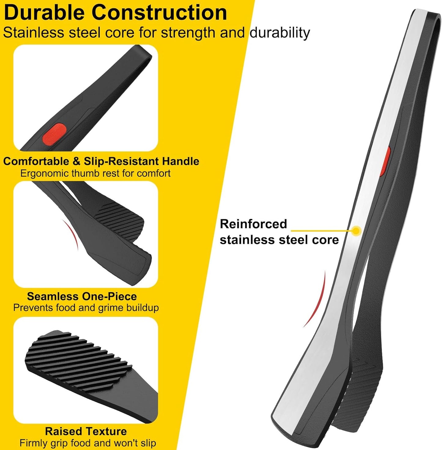Silicone Kitchen Tongs for Cooking, 9" & 12", Heat Resistant, Black | BPA-Free Silicone Tip, Non-Stick Safe, Stainless Steel Core, Food Tongs for Cooking, Serving and Grilling, Dishwasher Safe