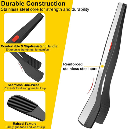 Silicone Kitchen Tongs for Cooking, 9" & 12", Heat Resistant, Black | BPA-Free Silicone Tip, Non-Stick Safe, Stainless Steel Core, Food Tongs for Cooking, Serving and Grilling, Dishwasher Safe