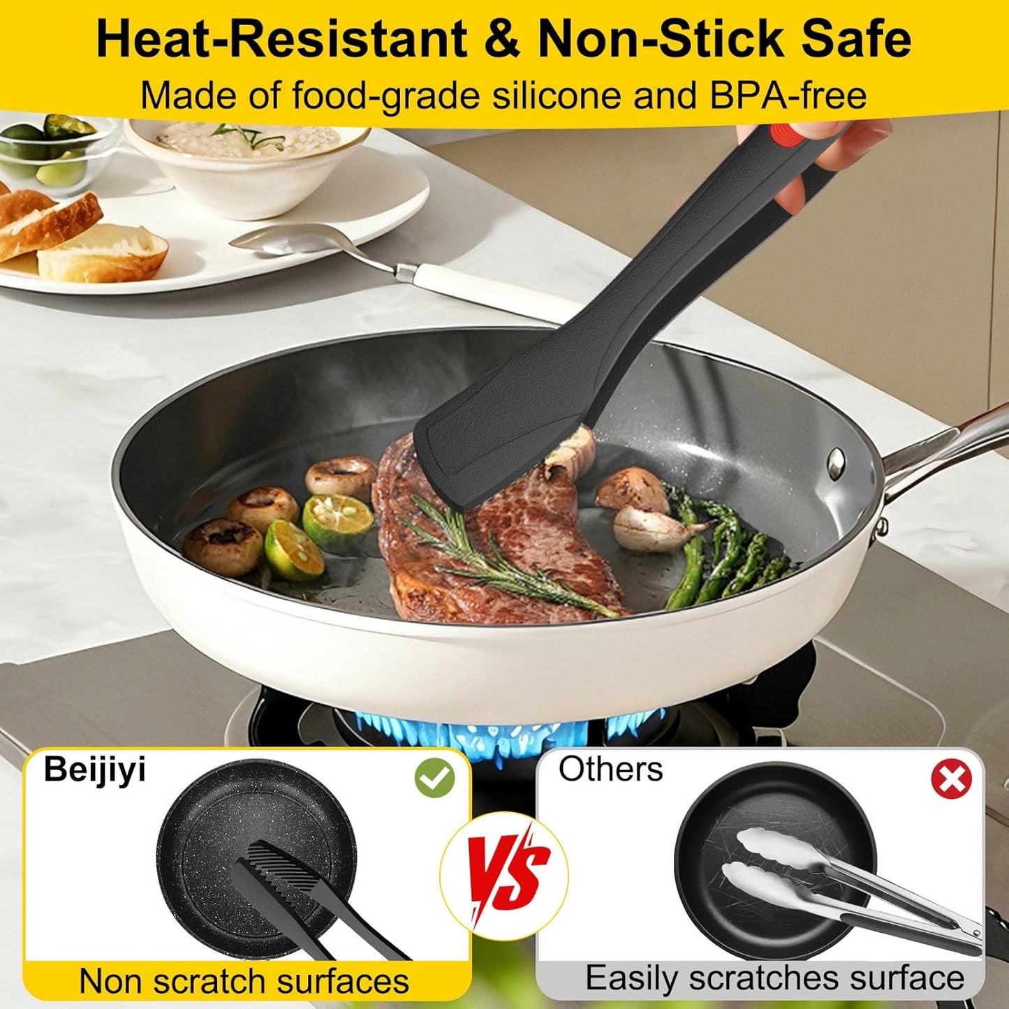 Silicone Kitchen Tongs for Cooking, 9" & 12", Heat Resistant, Black | BPA-Free Silicone Tip, Non-Stick Safe, Stainless Steel Core, Food Tongs for Cooking, Serving and Grilling, Dishwasher Safe