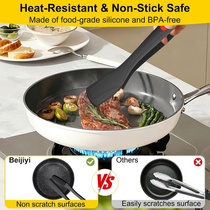 Silicone Kitchen Tongs for Cooking, 9" & 12", Heat Resistant, Black | BPA-Free Silicone Tip, Non-Stick Safe, Stainless Steel Core, Food Tongs for Cooking, Serving and Grilling, Dishwasher Safe
