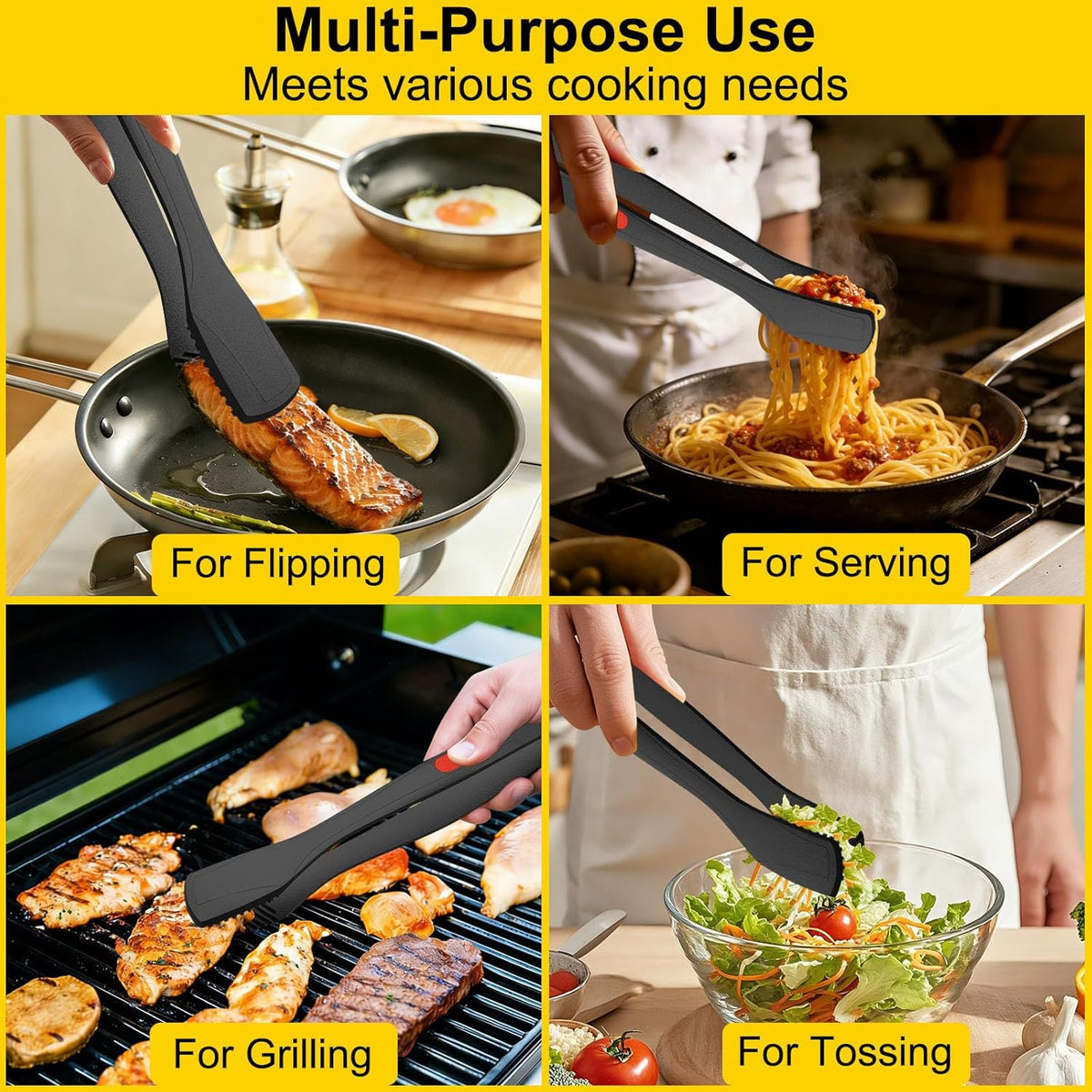 Silicone Kitchen Tongs for Cooking, 9" & 12", Heat Resistant, Black | BPA-Free Silicone Tip, Non-Stick Safe, Stainless Steel Core, Food Tongs for Cooking, Serving and Grilling, Dishwasher Safe