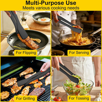 Silicone Kitchen Tongs for Cooking, 9" & 12", Heat Resistant, Black | BPA-Free Silicone Tip, Non-Stick Safe, Stainless Steel Core, Food Tongs for Cooking, Serving and Grilling, Dishwasher Safe