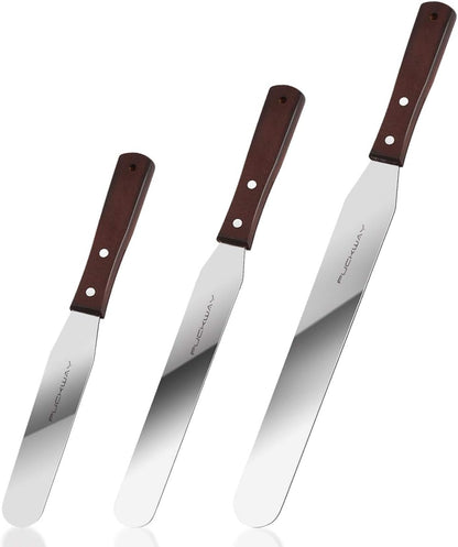 Offset Cake Icing Spatula Set of 3 Professional Stainless Steel Decorating Frosting Spatulas (4"-6"-8" Flexible Resistant Blade) Angled with Wooden Handle