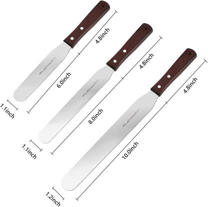 Offset Cake Icing Spatula Set of 3 Professional Stainless Steel Decorating Frosting Spatulas (4"-6"-8" Flexible Resistant Blade) Angled with Wooden Handle