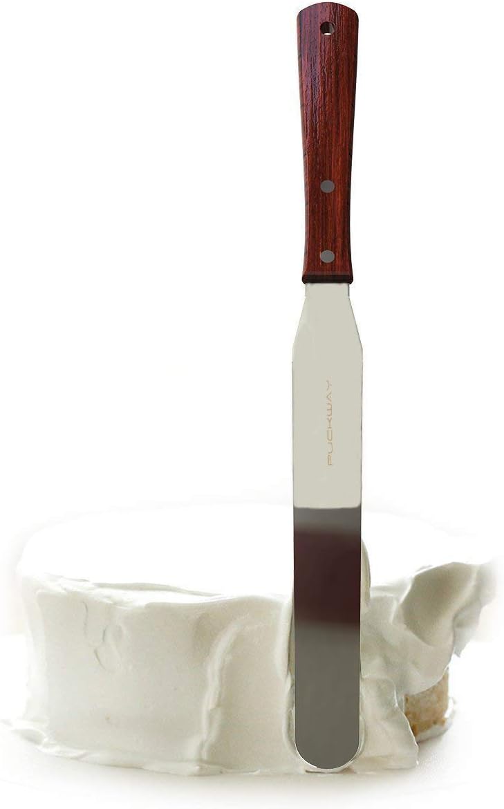 Offset Cake Icing Spatula Set of 3 Professional Stainless Steel Decorating Frosting Spatulas (4"-6"-8" Flexible Resistant Blade) Angled with Wooden Handle