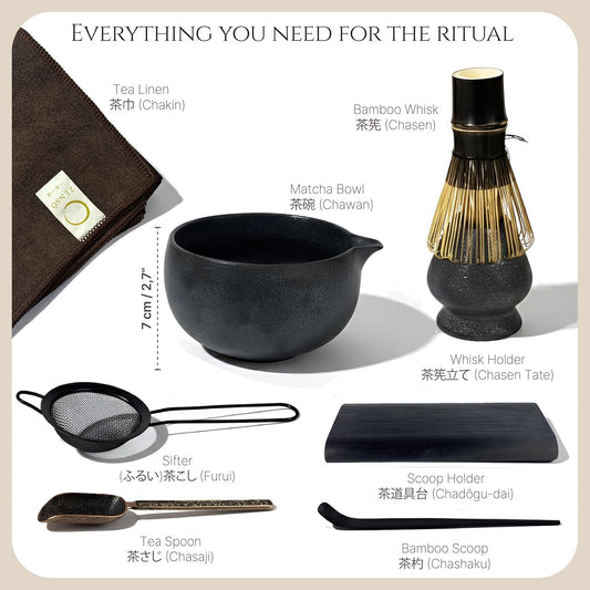 Premium Matcha Whisk Set – 8 Piece Japanese Matcha Tea Ceremony Kit | Handmade Ceramics - Matcha Bowl, Purple Bamboo Whisk, Whisk Holder, Sifter, Scoop & Scoop Holder, Cloth, Spoon - Dark Gray