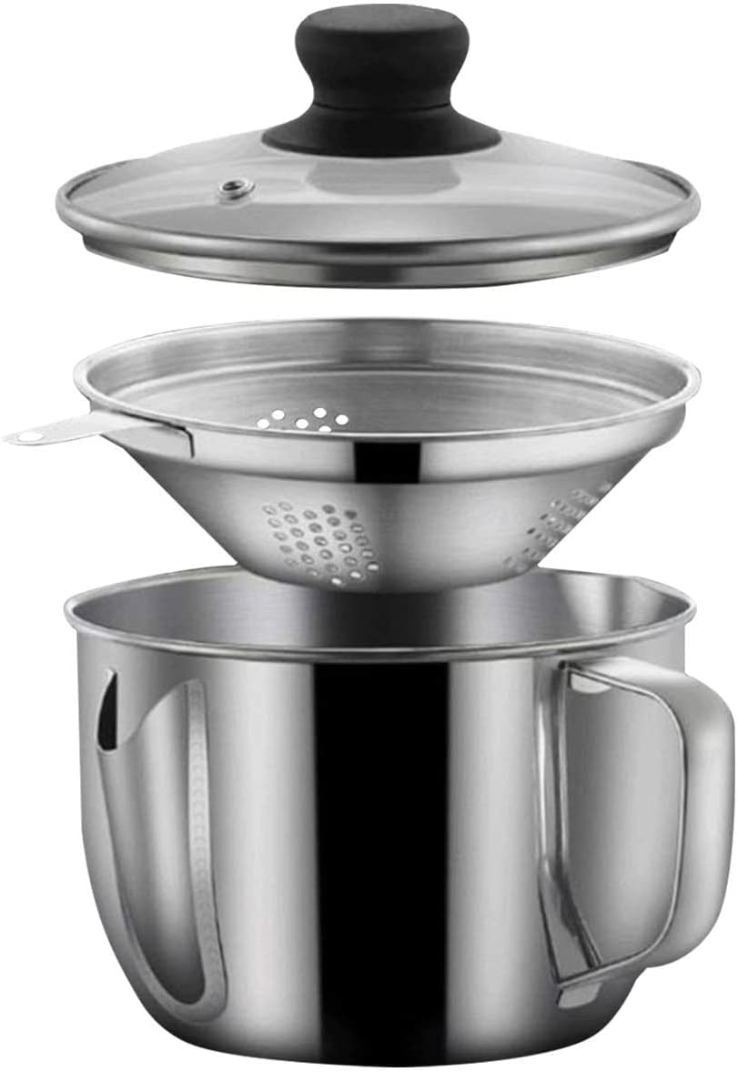 Stainless Steel Fat Separator, 1000ML Gravy Grease Separator with Strainer and Glass Lid Oil Fat Separator Oil Strainer Pot Grease Can Gravy Separator Kitchen Cup Soup Oil Separator Cup