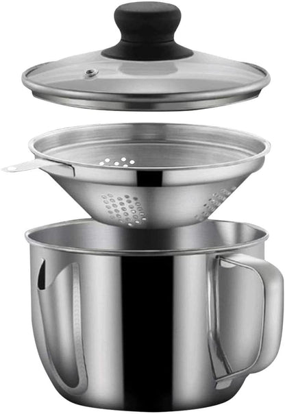 Stainless Steel Fat Separator, 1000ML Gravy Grease Separator with Strainer and Glass Lid Oil Fat Separator Oil Strainer Pot Grease Can Gravy Separator Kitchen Cup Soup Oil Separator Cup