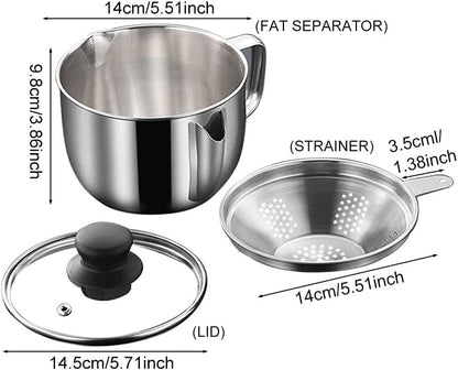 Stainless Steel Fat Separator, 1000ML Gravy Grease Separator with Strainer and Glass Lid Oil Fat Separator Oil Strainer Pot Grease Can Gravy Separator Kitchen Cup Soup Oil Separator Cup