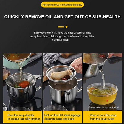 Stainless Steel Fat Separator, 1000ML Gravy Grease Separator with Strainer and Glass Lid Oil Fat Separator Oil Strainer Pot Grease Can Gravy Separator Kitchen Cup Soup Oil Separator Cup