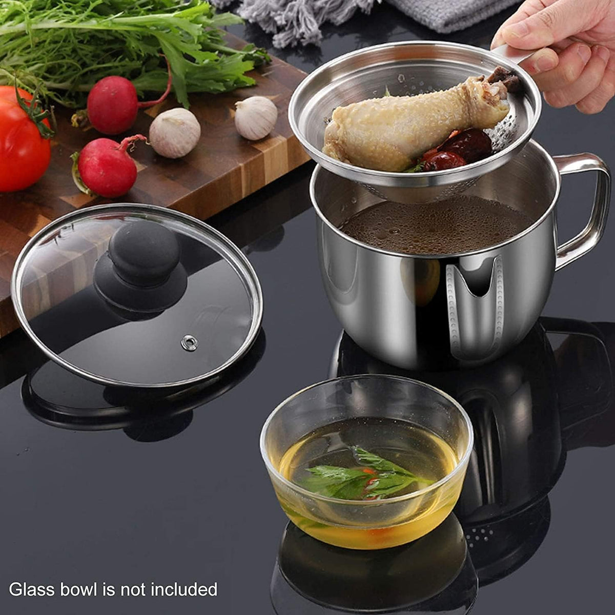 Stainless Steel Fat Separator, 1000ML Gravy Grease Separator with Strainer and Glass Lid Oil Fat Separator Oil Strainer Pot Grease Can Gravy Separator Kitchen Cup Soup Oil Separator Cup