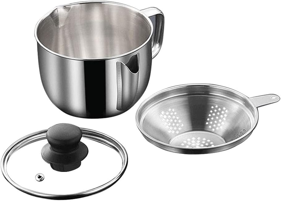 Stainless Steel Fat Separator, 1000ML Gravy Grease Separator with Strainer and Glass Lid Oil Fat Separator Oil Strainer Pot Grease Can Gravy Separator Kitchen Cup Soup Oil Separator Cup