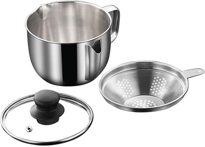 Stainless Steel Fat Separator, 1000ML Gravy Grease Separator with Strainer and Glass Lid Oil Fat Separator Oil Strainer Pot Grease Can Gravy Separator Kitchen Cup Soup Oil Separator Cup