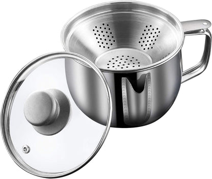 Stainless Steel Fat Separator, 1000ML Gravy Grease Separator with Strainer and Glass Lid Oil Fat Separator Oil Strainer Pot Grease Can Gravy Separator Kitchen Cup Soup Oil Separator Cup