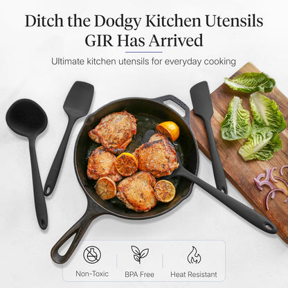 5-Piece Silicone Ultimate Kitchen Utensils Set - Ladle, Spatula, Flip, Spoon & Spoonula - Non-Toxic Cooking Utensils for Nonstick Cookware, Cooking and Baking - Black