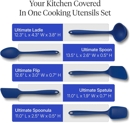 5-Piece Silicone Ultimate Kitchen Utensils Set - Ladle, Spatula, Flip, Spoon & Spoonula - Non-Toxic Cooking Utensils for Nonstick Cookware, Cooking and Baking - Black