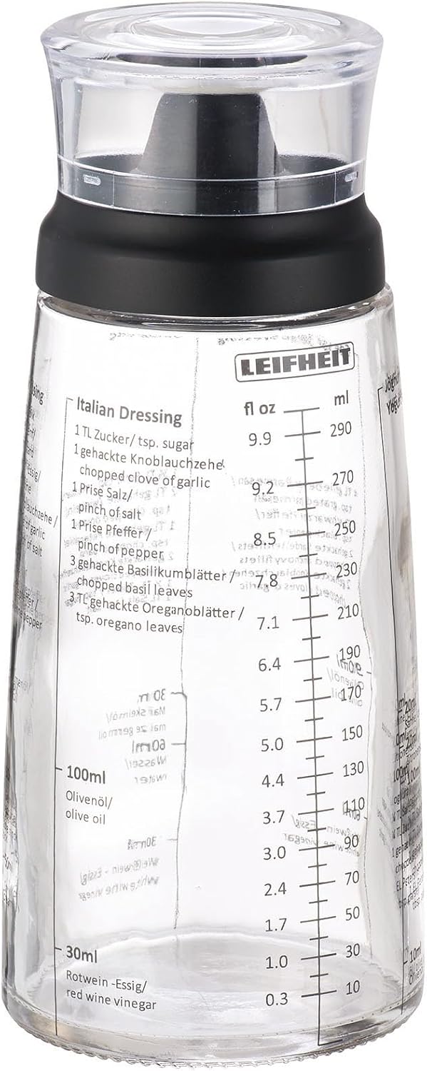 Glass Salad Dressing Bottle 10 oz – Durable Eco-Friendly Glass with Leakproof Plastic Lid, Non-Drip Spout, Built-In Recipe Guide, Dishwasher Safe, German Design – Black