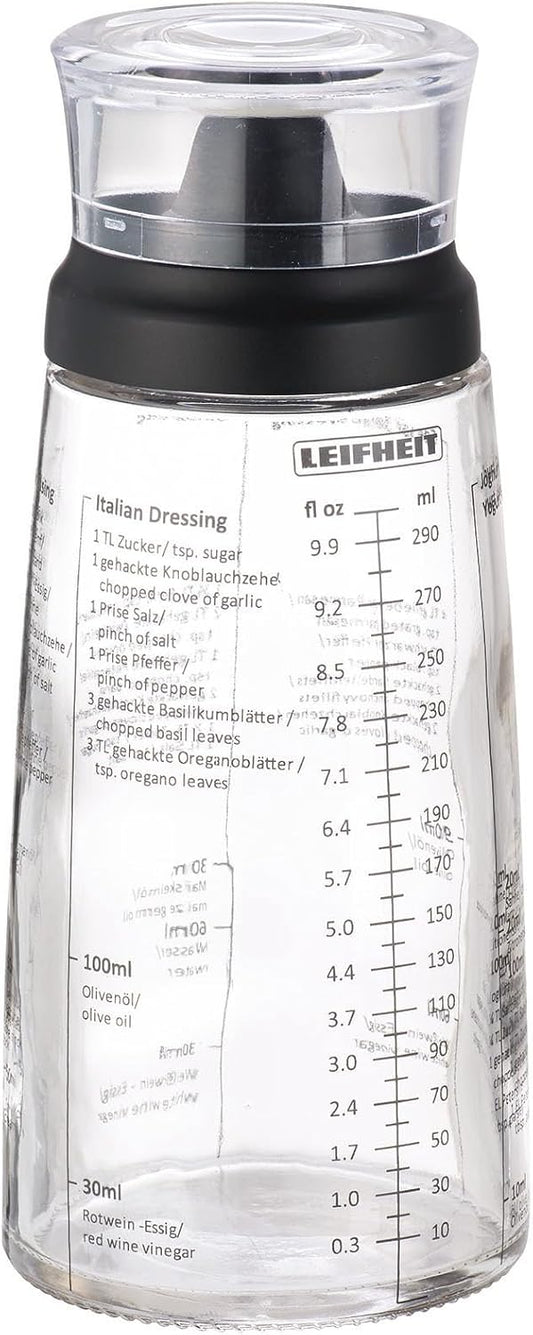 Glass Salad Dressing Bottle 10 oz – Durable Eco-Friendly Glass with Leakproof Plastic Lid, Non-Drip Spout, Built-In Recipe Guide, Dishwasher Safe, German Design – Black
