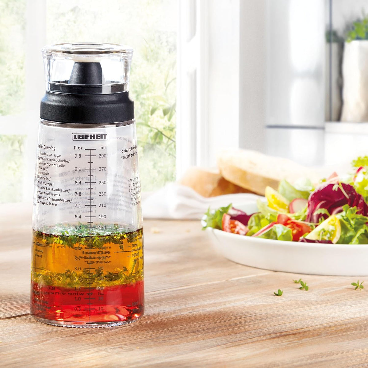 Glass Salad Dressing Bottle 10 oz – Durable Eco-Friendly Glass with Leakproof Plastic Lid, Non-Drip Spout, Built-In Recipe Guide, Dishwasher Safe, German Design – Black
