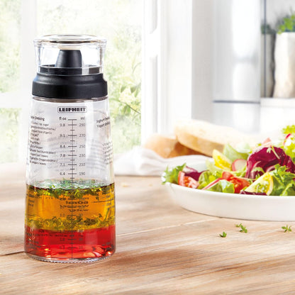 Glass Salad Dressing Bottle 10 oz – Durable Eco-Friendly Glass with Leakproof Plastic Lid, Non-Drip Spout, Built-In Recipe Guide, Dishwasher Safe, German Design – Black