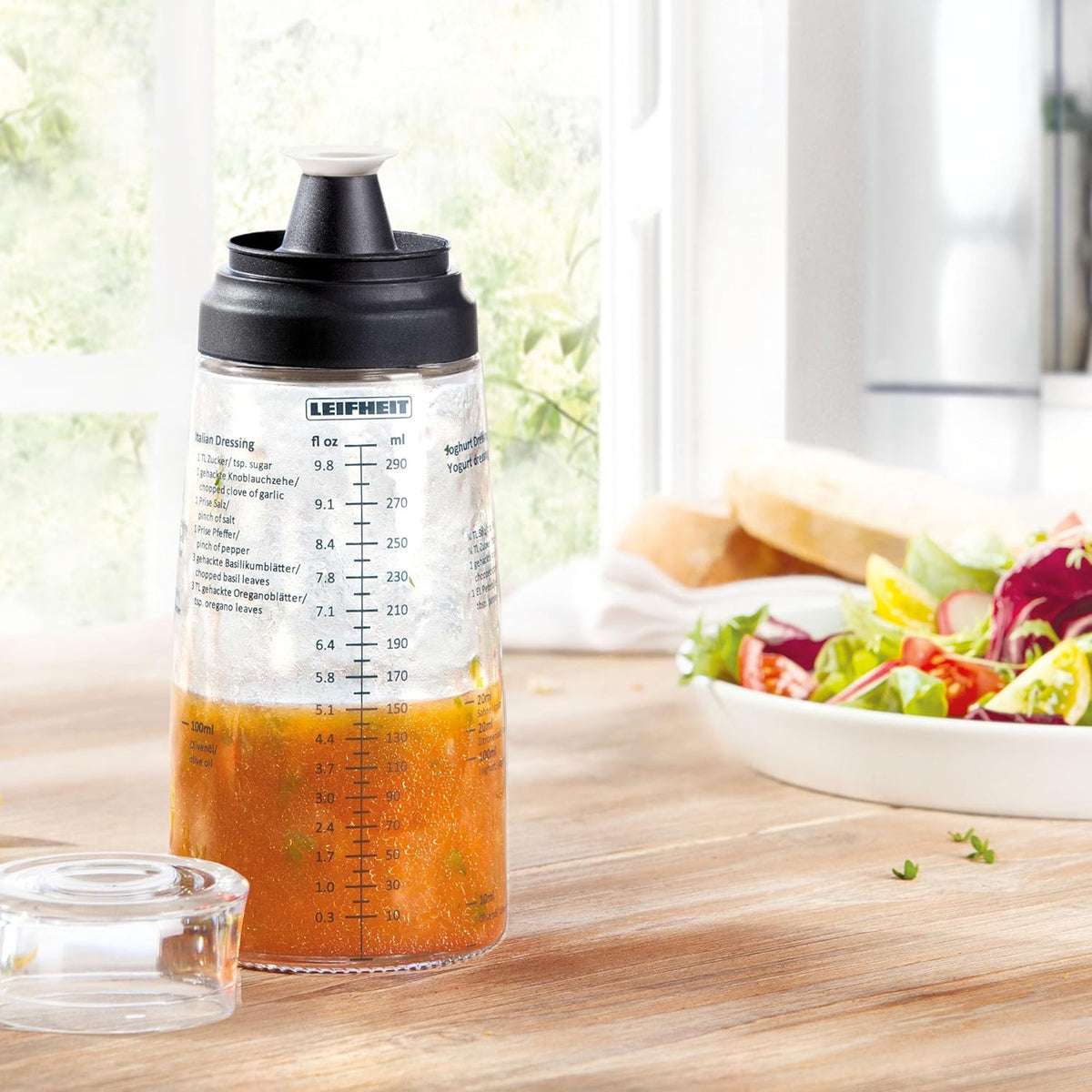 Glass Salad Dressing Bottle 10 oz – Durable Eco-Friendly Glass with Leakproof Plastic Lid, Non-Drip Spout, Built-In Recipe Guide, Dishwasher Safe, German Design – Black