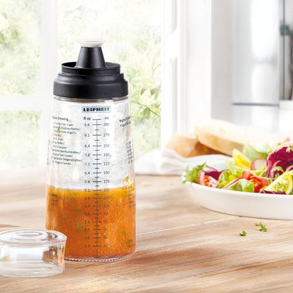 Glass Salad Dressing Bottle 10 oz – Durable Eco-Friendly Glass with Leakproof Plastic Lid, Non-Drip Spout, Built-In Recipe Guide, Dishwasher Safe, German Design – Black