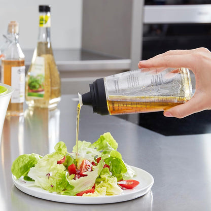 Glass Salad Dressing Bottle 10 oz – Durable Eco-Friendly Glass with Leakproof Plastic Lid, Non-Drip Spout, Built-In Recipe Guide, Dishwasher Safe, German Design – Black
