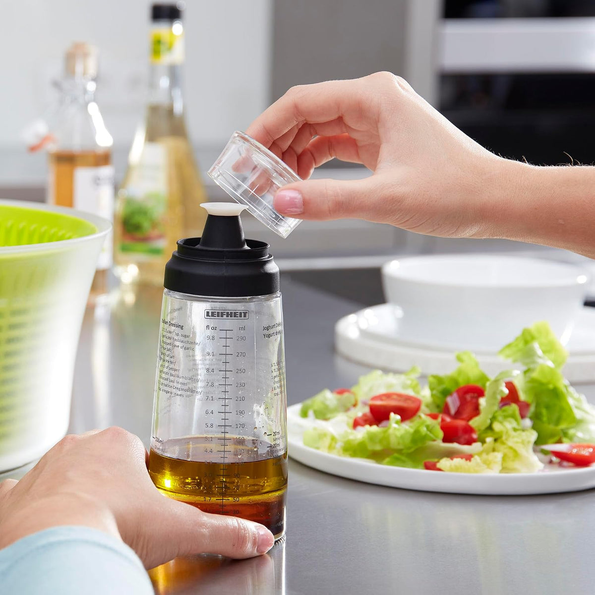 Glass Salad Dressing Bottle 10 oz – Durable Eco-Friendly Glass with Leakproof Plastic Lid, Non-Drip Spout, Built-In Recipe Guide, Dishwasher Safe, German Design – Black