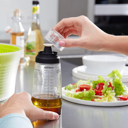 Glass Salad Dressing Bottle 10 oz – Durable Eco-Friendly Glass with Leakproof Plastic Lid, Non-Drip Spout, Built-In Recipe Guide, Dishwasher Safe, German Design – Black