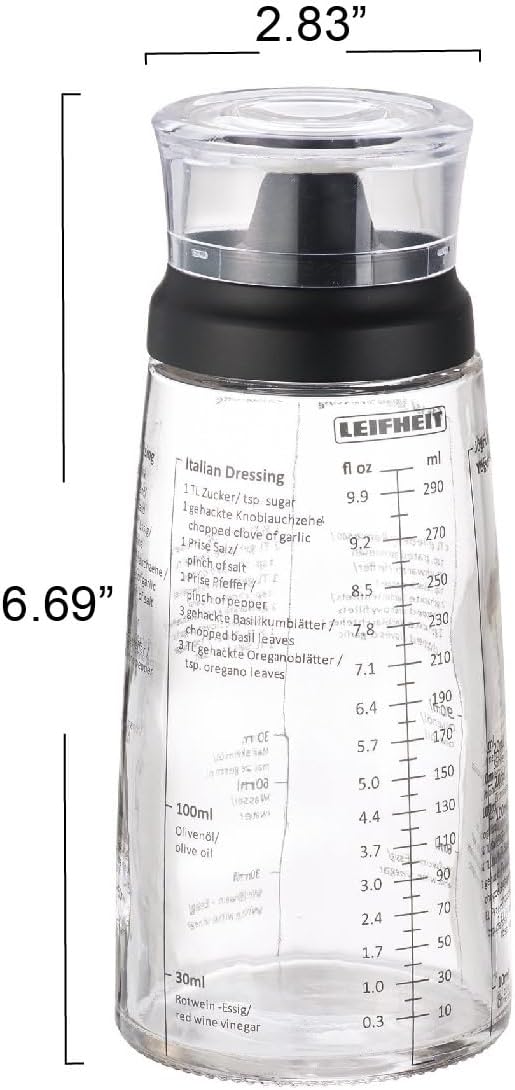 Glass Salad Dressing Bottle 10 oz – Durable Eco-Friendly Glass with Leakproof Plastic Lid, Non-Drip Spout, Built-In Recipe Guide, Dishwasher Safe, German Design – Black