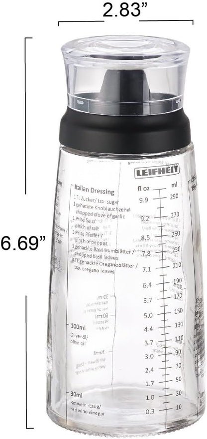 Glass Salad Dressing Bottle 10 oz – Durable Eco-Friendly Glass with Leakproof Plastic Lid, Non-Drip Spout, Built-In Recipe Guide, Dishwasher Safe, German Design – Black