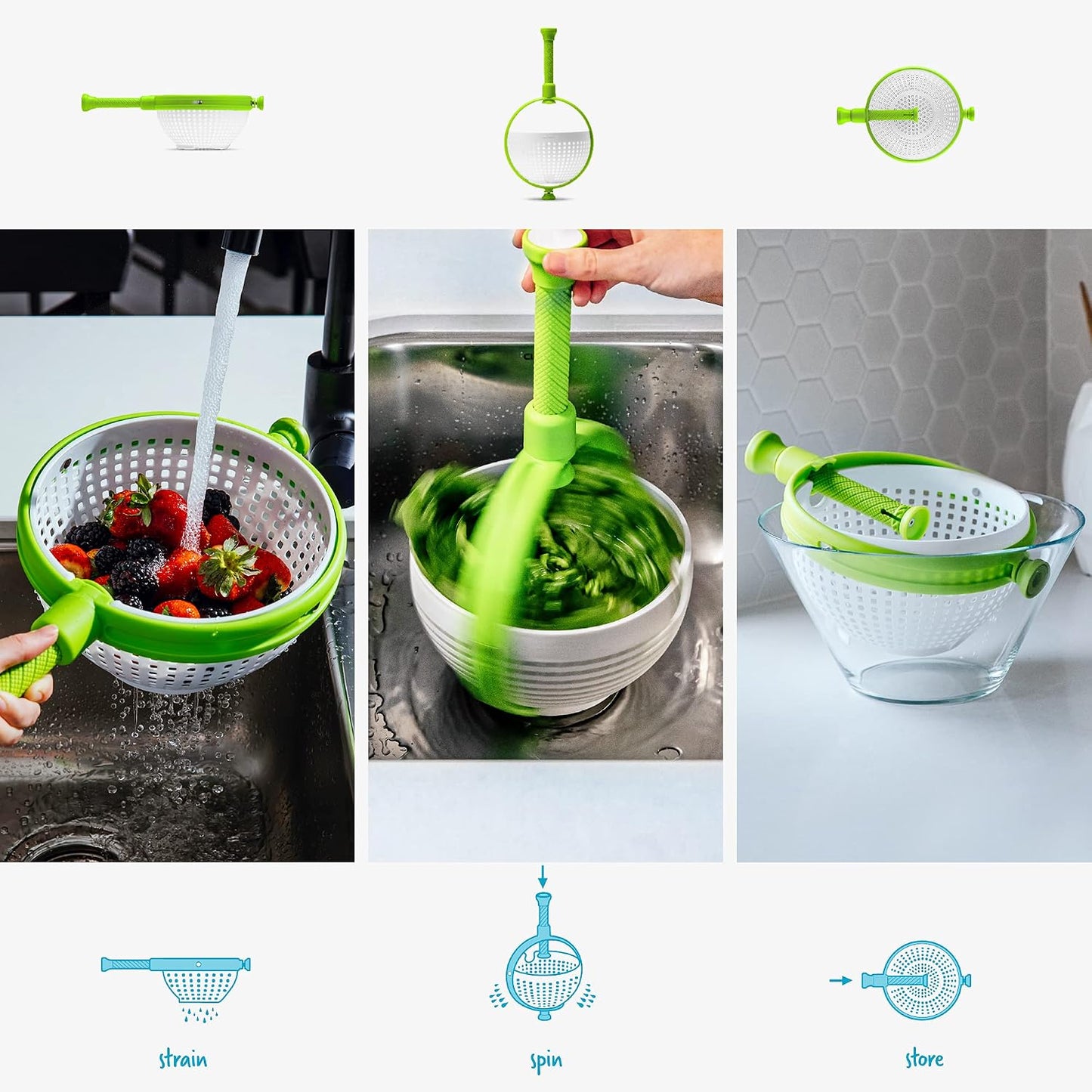 Spina 2-in-1 Collapsible Salad Spinner & Colander | Compact storage, in-sink salad washer and strainer, 12 cup capacity, cleans fruit, vegetables and berries, drains pasta