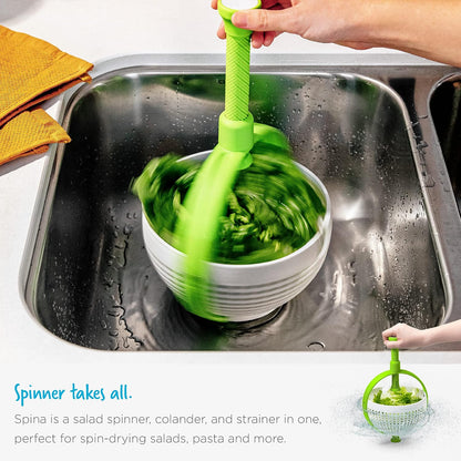 Spina 2-in-1 Collapsible Salad Spinner & Colander | Compact storage, in-sink salad washer and strainer, 12 cup capacity, cleans fruit, vegetables and berries, drains pasta