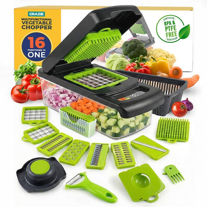 16-in-1 Vegetable Chopper with Container – Multifunctional Food Cutter, Dicer, Slicer, Grater, Peeler – Essential Kitchen Gadget for Veggies, Fruits & Salad, Easy & No-Mess Meal Prep, Gray