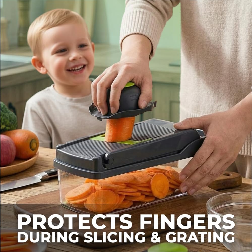 16-in-1 Vegetable Chopper with Container – Multifunctional Food Cutter, Dicer, Slicer, Grater, Peeler – Essential Kitchen Gadget for Veggies, Fruits & Salad, Easy & No-Mess Meal Prep, Gray