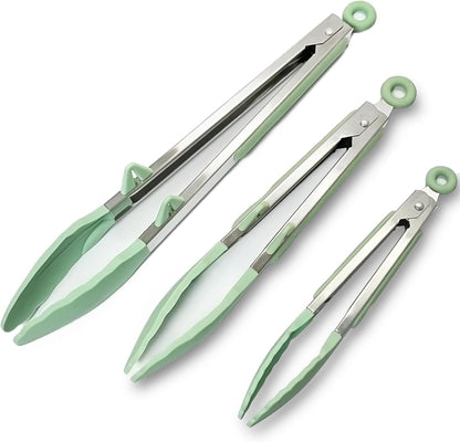 Kitchen Tongs for Cooking with Silicone Tips, 3 Size Serving Tongs, Green | 7"+9"+12", 3Pcs Food Grade Small Tongs mit Kickstand, Mini Serving Tongs for BBQ Salad