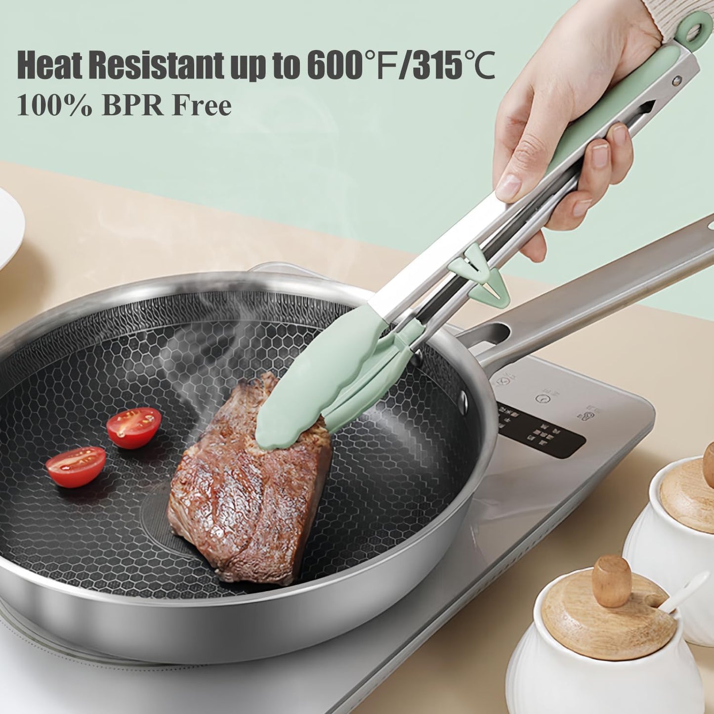 Kitchen Tongs for Cooking with Silicone Tips, 3 Size Serving Tongs, Green | 7"+9"+12", 3Pcs Food Grade Small Tongs mit Kickstand, Mini Serving Tongs for BBQ Salad