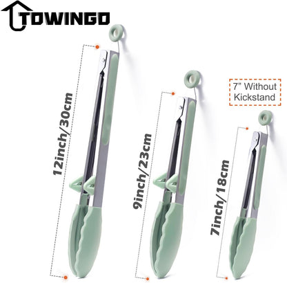 Kitchen Tongs for Cooking with Silicone Tips, 3 Size Serving Tongs, Green | 7"+9"+12", 3Pcs Food Grade Small Tongs mit Kickstand, Mini Serving Tongs for BBQ Salad