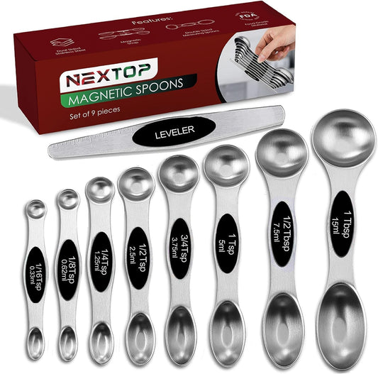 Stainless Steel Magnetic Measuring Spoons Set – 9 Pieces Dual-Sided Stackable Magnetic Teaspoons and Tablespoons for Dry & Liquid Ingredients – Kitchen Gadgets for Baking & Cooking – Black