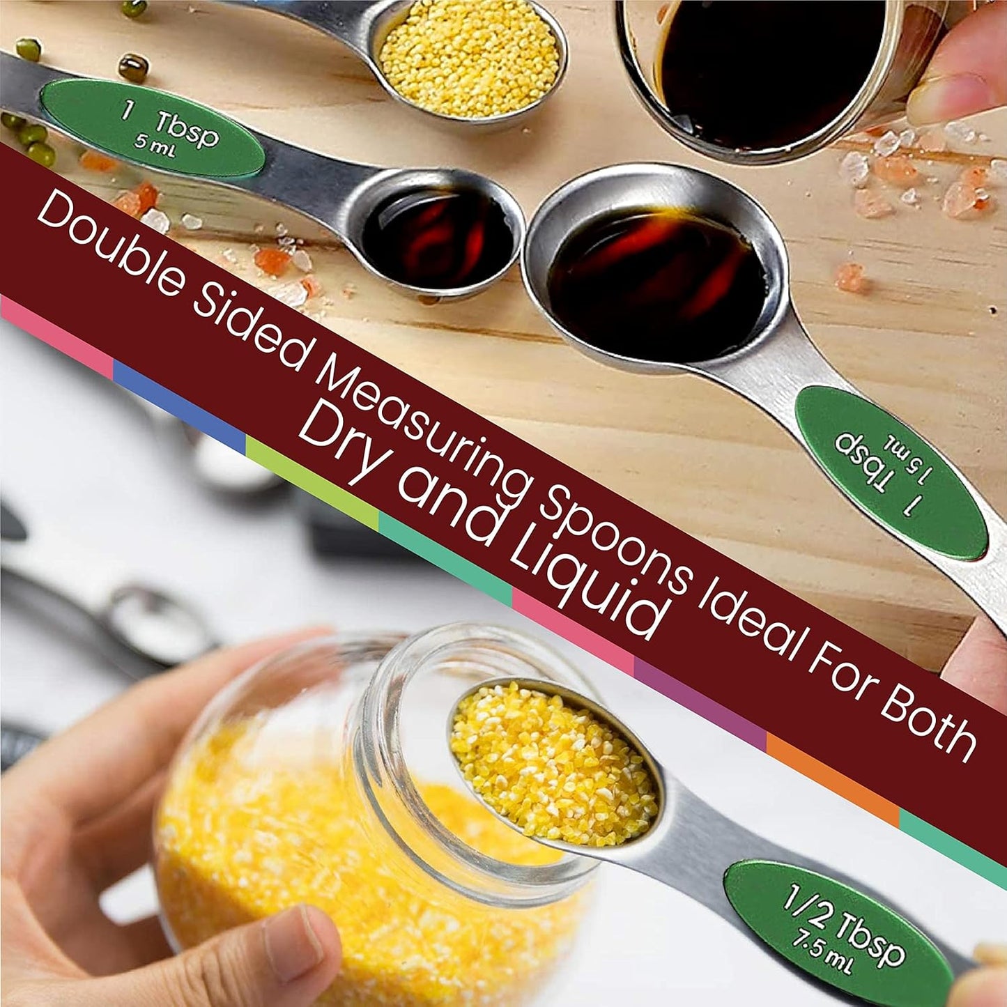Stainless Steel Magnetic Measuring Spoons Set – 9 Pieces Dual-Sided Stackable Magnetic Teaspoons and Tablespoons for Dry & Liquid Ingredients – Kitchen Gadgets for Baking & Cooking – Black