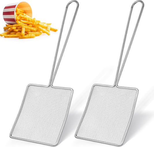 2 Pcs Square Fine Mesh Skimmer Spider Strainer Oil Skimmer for Deep Fryer Frying Scoop Stainless Steel Spider Strainer with Long Handle for Kitchen Swimming Pools Fried Food (5 x 6 Inch)