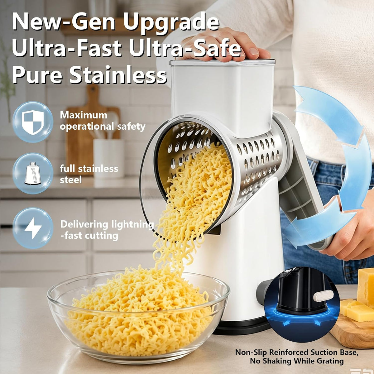 Rotary Cheese Grater Hand Crank Large Cheese Shredder(White Grey)