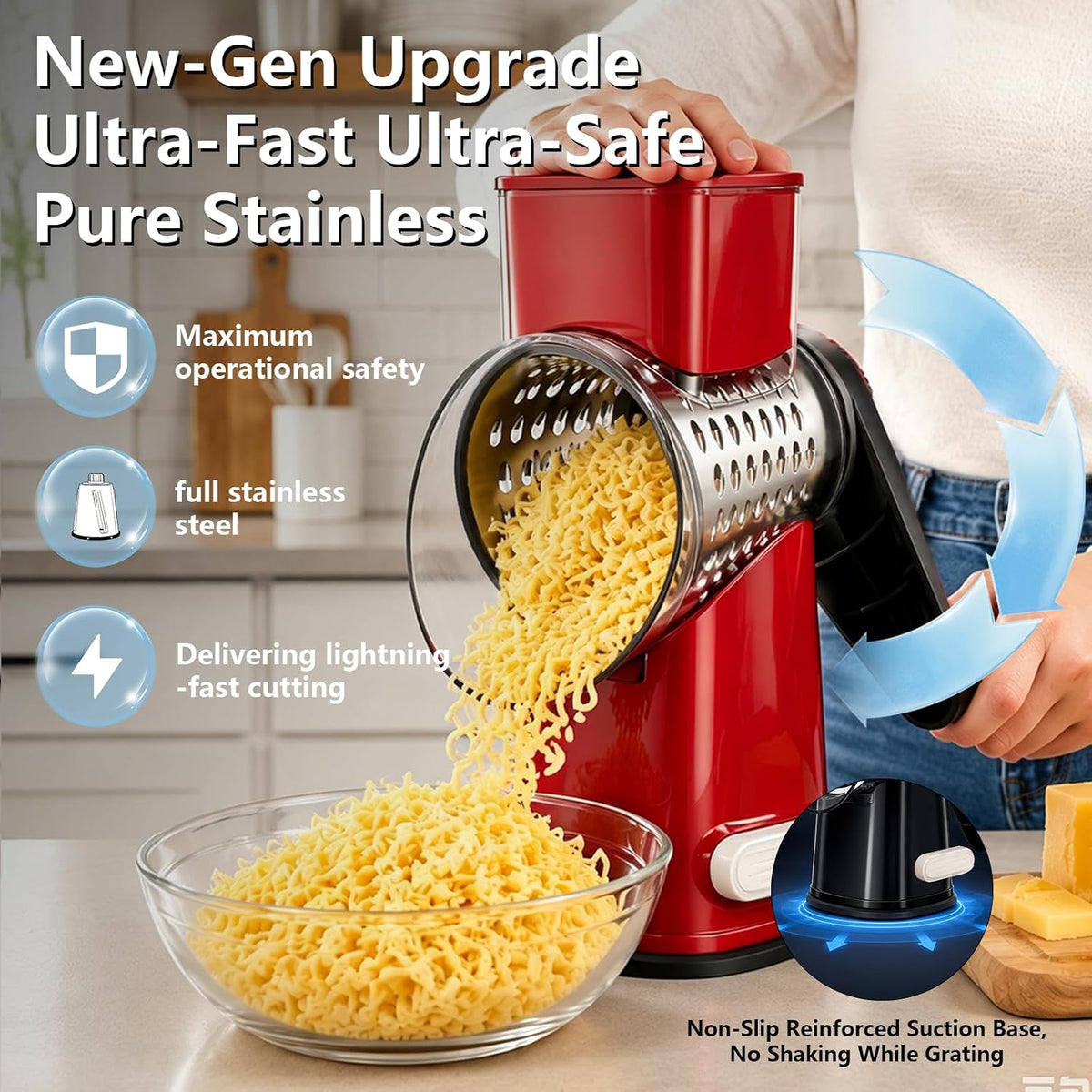 Rotary Cheese Grater Hand Crank Large Cheese Shredder(White Grey)