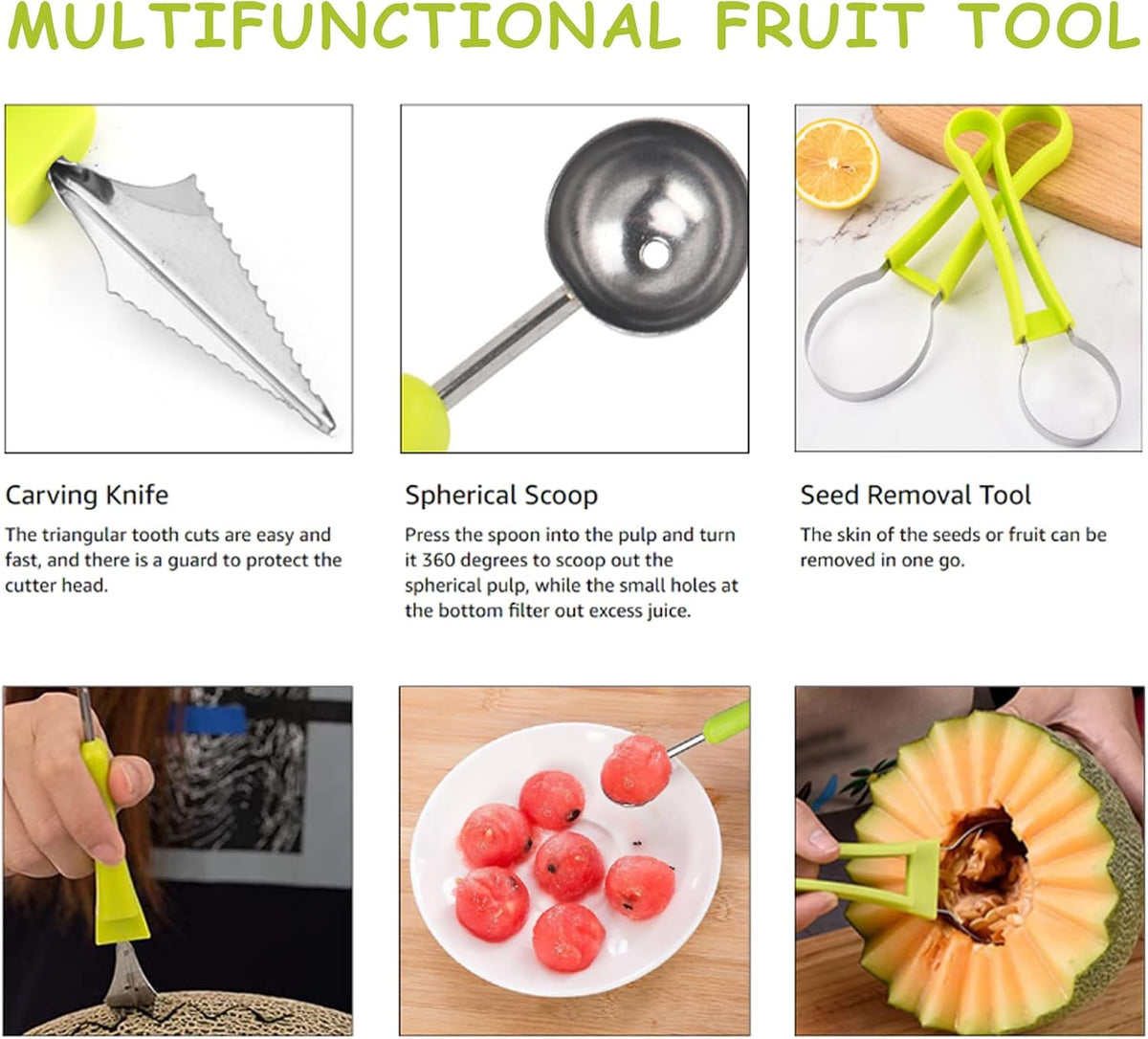 12-Pack Watermelon Cutter Set, 4-in-1 Fruit Cutter Shapes, Stainless Steel Slicer, Melon Baller, Seed Remover, Peeler, Kitchen Gadgets for Easy Fruit Preparation and Perfectly Shaped Fruit