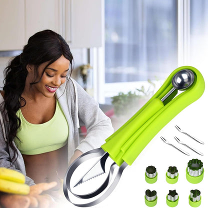 12-Pack Watermelon Cutter Set, 4-in-1 Fruit Cutter Shapes, Stainless Steel Slicer, Melon Baller, Seed Remover, Peeler, Kitchen Gadgets for Easy Fruit Preparation and Perfectly Shaped Fruit