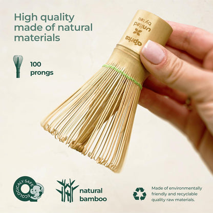 Matcha Whisk Holder Set, Bamboo Chasen with Glass Stand and Scoop, 100 Prong Tea Whisk for Japanese Green Tea Powder