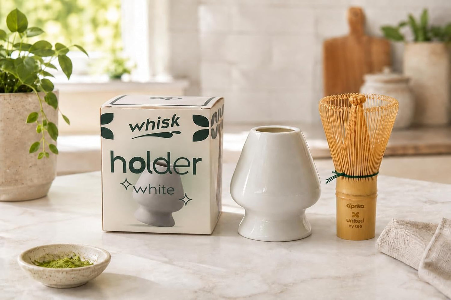 Matcha Whisk Holder Set, Bamboo Chasen with Glass Stand and Scoop, 100 Prong Tea Whisk for Japanese Green Tea Powder