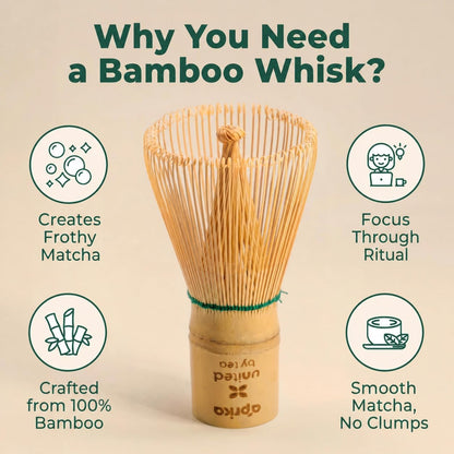 Matcha Whisk Holder Set, Bamboo Chasen with Glass Stand and Scoop, 100 Prong Tea Whisk for Japanese Green Tea Powder