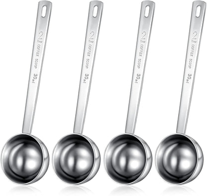 4 Pcs 2 Tablespoon Scoops with Long Handle, 30 ml Stainless Steel Measuring Spoon for Coffee Milk Fruit Powder, Loose Tea Dry, Spice Jar, Cooking Baking, and Other Dry Goods