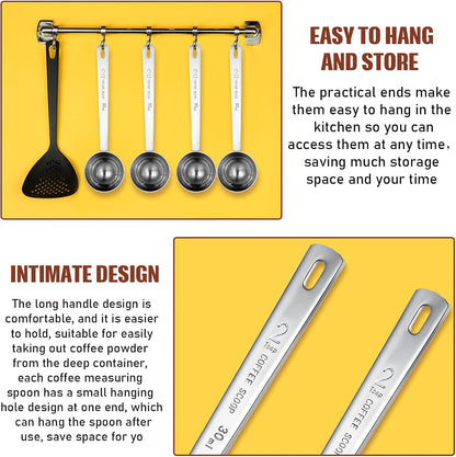 4 Pcs 2 Tablespoon Scoops with Long Handle, 30 ml Stainless Steel Measuring Spoon for Coffee Milk Fruit Powder, Loose Tea Dry, Spice Jar, Cooking Baking, and Other Dry Goods